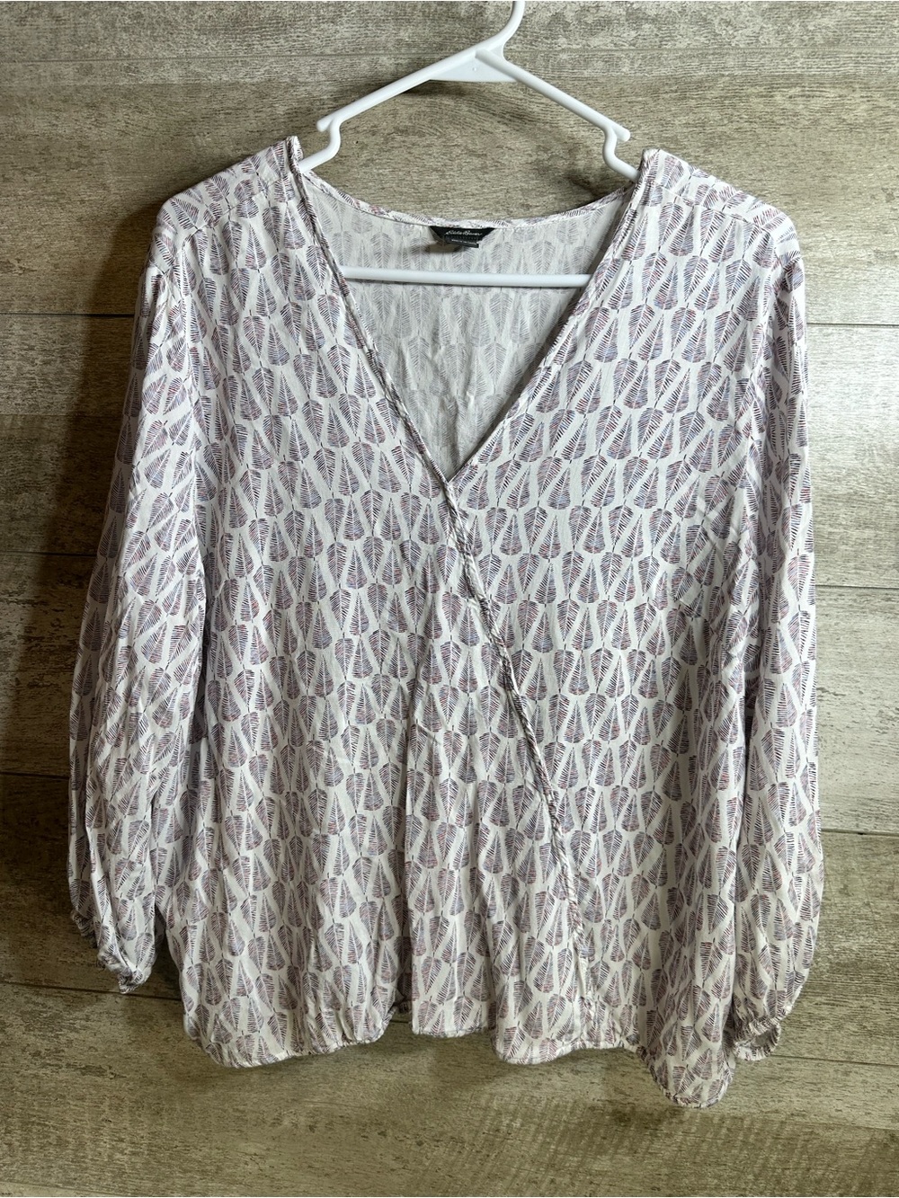 Eddie Bauer Halcyon Faux-Wrap Balloon Sleeve Leaf Print Blouse Size XL